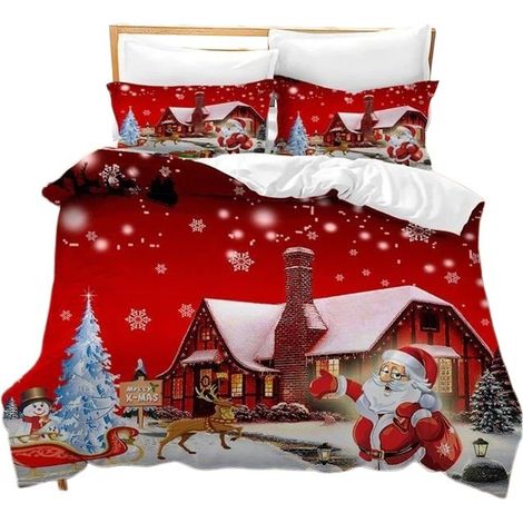 Housse de couette de Noël 140x200cm, parure de lit enfant avec 2 taies d'oreiller, motif Père Noël, rennes et sapin (1/5)