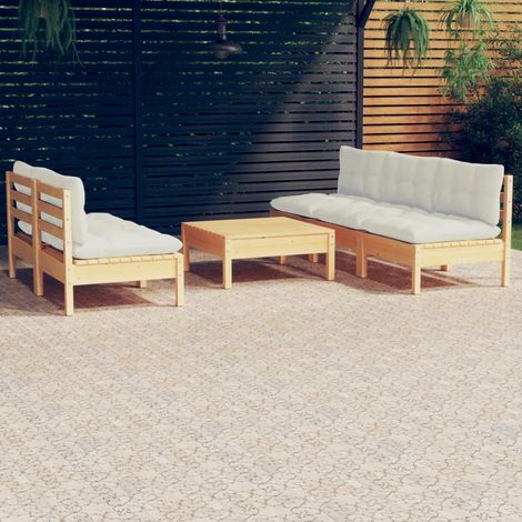 Salon de jardin 6 pcs Ensemble Table et Chaise de Jardin - avec coussins crème Bois de pin BV730801 - BonneVie (1/5)