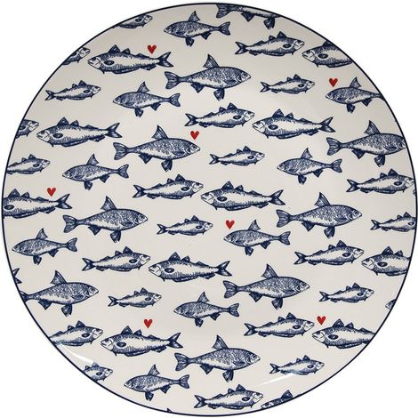 Grande Assiette Plate de Dîner en Porcelaine Motif Poisson Bleu et Blanc Ø 26 x 2 cm - PANGIVO