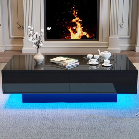 Table basse LED noire brillante 115 x 55 x 34 cm, 2 tiroirs (1/5)