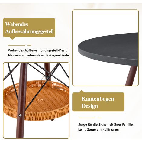Table ronde 80 cm diamètre, plateau MDF noir, pieds en bois massif noyer, avec rangement suspendu en rotin tressé. (1/5)