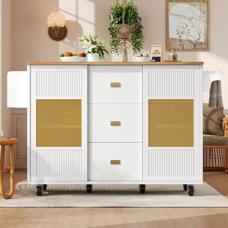 Îlot de cuisine mobile 120x45x90 cm, plateau extensible, meuble avec roulettes et étagère à épices, blanc (1/5)