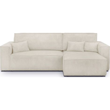 Homifab – Canapé d'angle convertible réversible 4 places en velours côtelé beige – Coffre de rangement – Couchage 137 x 196 cm – Fabriqué en Europe