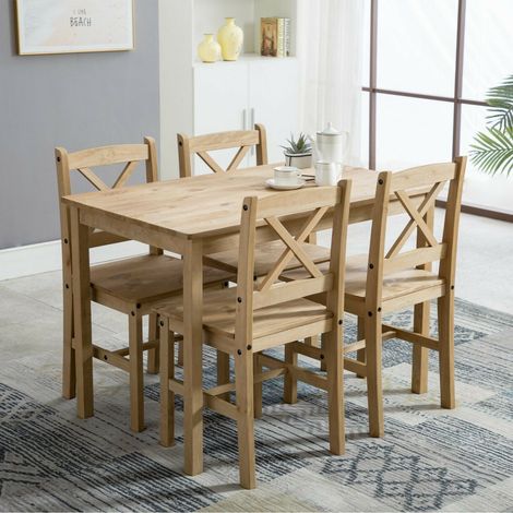 Classic Solid Wooden Dining Table and 4 Chairs Set Kitchen Home NATURAL