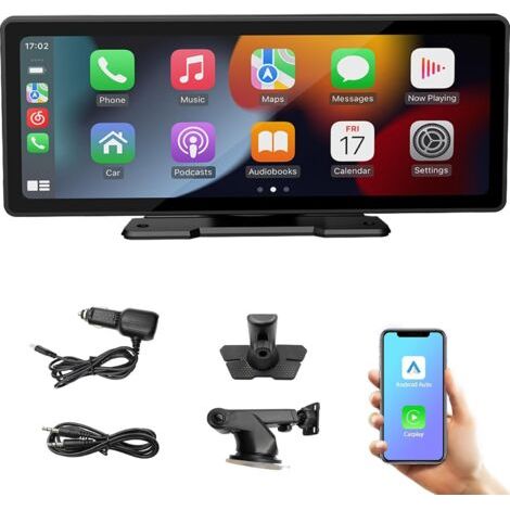 Écran Portable de Voiture 10,3'' HD IPS avec Android Auto et Apple CarPlay sans Fil, Émetteur FM Bluetooth, Compatible 7V-32V pour Camions et Fourgonnettes (1/5)