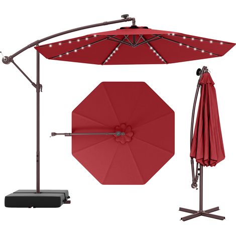 10 Ft Patio Umbrella Offset Cantilever Umbrella with 40 Solar Powered Lights-Red (1/5)