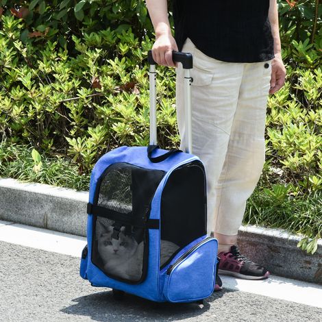 Zaino trasportino 2 in 1 PawHut con 2 ruote per cani e gatti, con maniglia retrattile in alluminio e tasche portaoggetti, 42x25x55 cm, blu