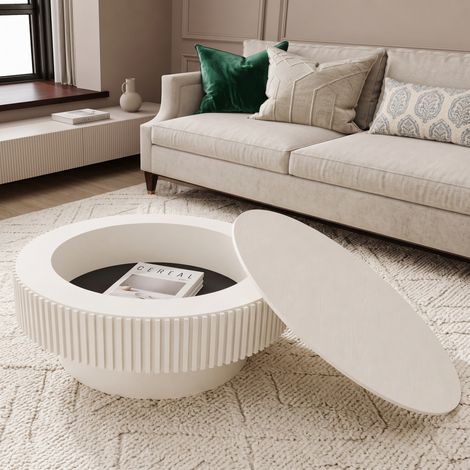 Mesa de centro redonda - 75 x 75 x 35 cm - con almacenamiento oculto diseño acanalado moderno madera mdf - blanco crema (1/5)