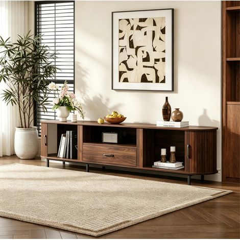 Mobile TV 180x40x50 cm, con 2 ante scorrevoli, 1 cassetto, 2 vani a vista, MDF, noce (1/5)