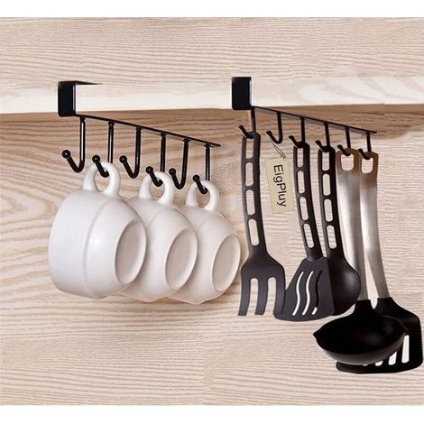 pair 2pcs Tasse Tasses à vin Verres de Rangement Crochets Ustensiles de Cuisine Cravates Ceintures et écharpe Accrocher porte-rack Crochet sous Placard Cabinet Sans Perçage,Noir-Fei Yu
