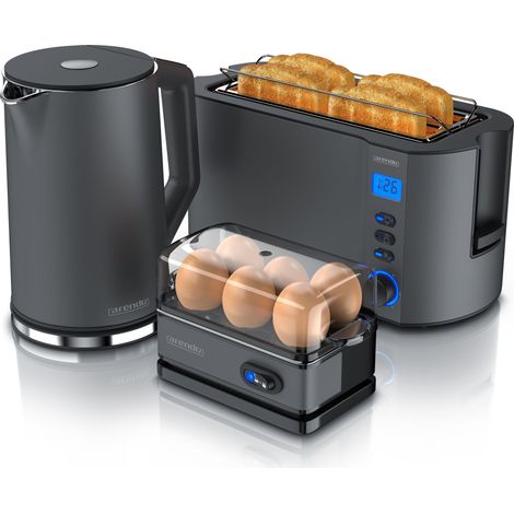 Arendo 3-teiliges Frühstücksset, Wasserkocher ELEGANT 1,5l, 4-Scheiben Toaster, 6er Eierkocher, Grau (1/5)