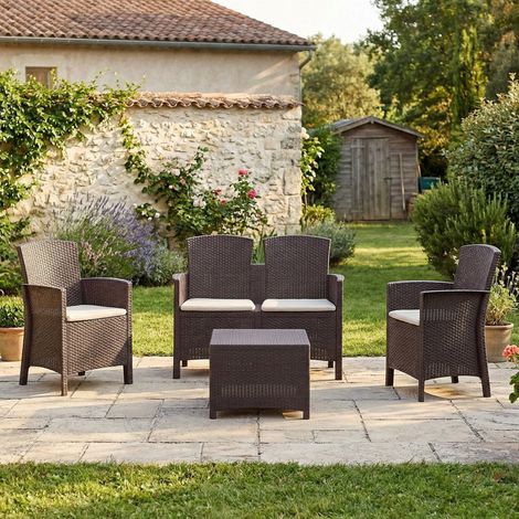 Dmora - Conjunto de salón exterior Dmorat, Conjunto de jardín con cojines, Zona de estar interior efecto ratán, 100% Made in Italy, Marrón (1/5)