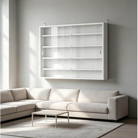 Vetrina a parete 80x9.5x60 cm, 4 ripiani regolabili, doppie porte in vetro, bianco (1/5)