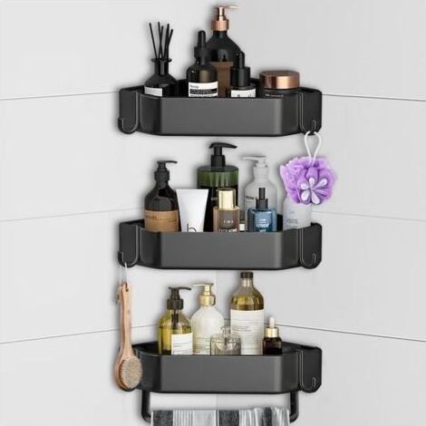Étagère de Douche, Aucun perçage requis, Avec 6 crochets et 1 porte-serviettes,Lot de 3, étagère murale de salle de bain (1/4)