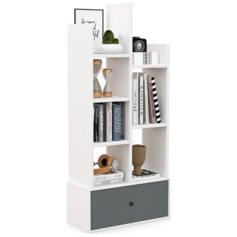7 Tier Bookshelf Open Storage Wood Bookcase Organizer Display Shelf w/ Drawer (1/5)
