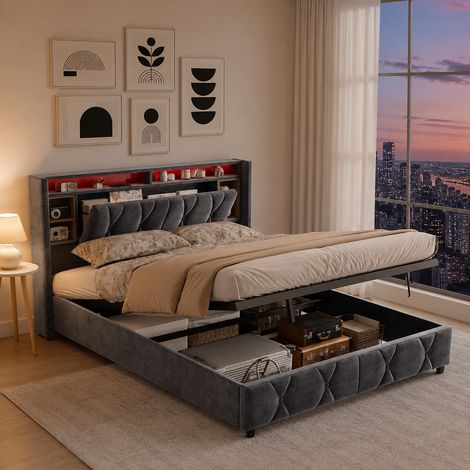 Lit coffre double adulte 140x200 cm avec rangement hydraulique, éclairage LED, ports USB et Type-C, velours capitonné (1/5)
