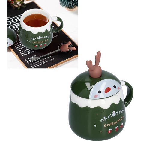 Mug de Noël 450ml avec Couvercle et Cuillère - Tasse Céramique Élégante pour Café, Thé ou Lait - Bureau et Maison - Moderne et Pratique