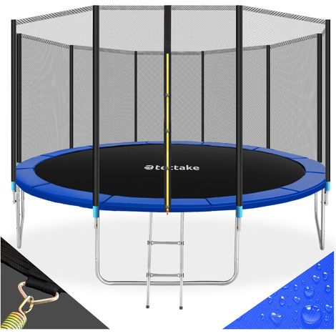 Trampoline avec échelle et filet de sécurité en acier noir bleu