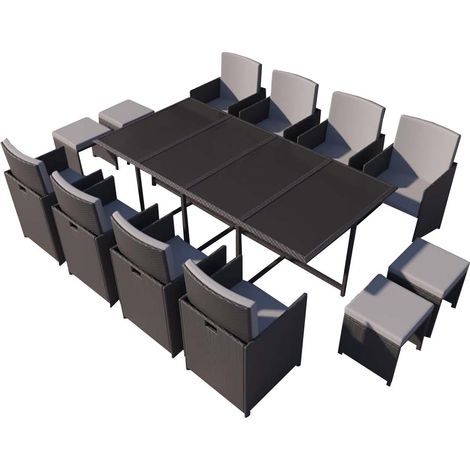 Concept-Usine – Ensemble table et chaises de jardin 12 places – Résine tressée noir et gris – Table rectangulaire avec plateau en verre – 8 fauteuils et 4 poufs