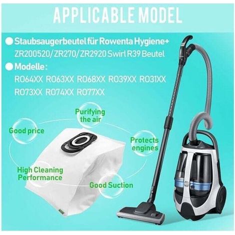 10er-Pack Staubsaugerbeutel für Rowenta ZR200520 und ZR200720. 99,99 % Mikropartikelfiltration. 5-lagiges Mikrofasergewebe. Kompatibel mit Silence Force und XTrem Power RO39xx. (1/3)