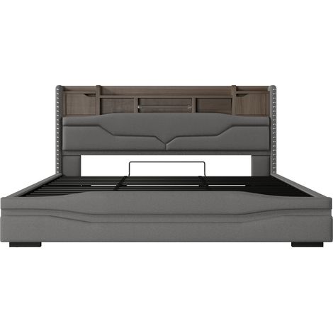 Polsterbett 180 x 200 cm in grauem Leinen mit LED, USB und hydraulischem Stauraum (1/5)
