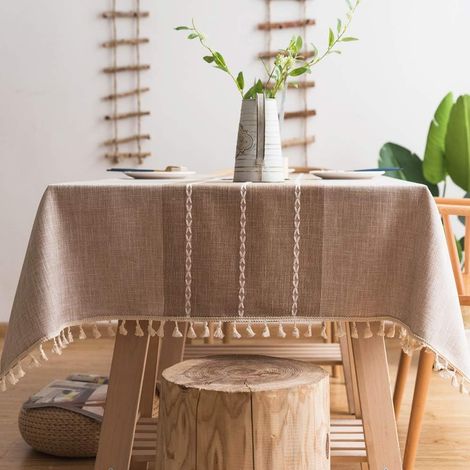 Marron rayée, 140 x 140 cm Nappe Carrée Anti Tache Coton Lin Table Cloth Impermeable Nappe avec Tassel Nappes Tissu Vintage pour Table de Cuisine