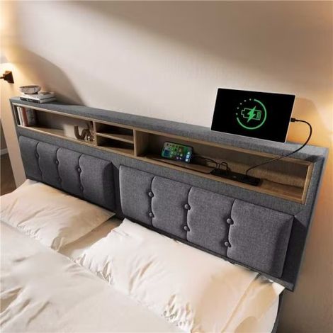 Lit double rembourré (160 x 200 cm) adapté aux adolescents, doté d'une tête de lit avec port de charge USB-C, d'un cadre de lit avec coffre de rangement revêtu de lin et d'un sommier à lattes (matelas (1/4)