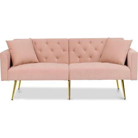 Canapé 2 places en velours rose, dossier 3 positions, 2 coussins assortis et pieds métal doré, style compact pour petit salon, chambre ou appartement - CHICFURN (1/5)