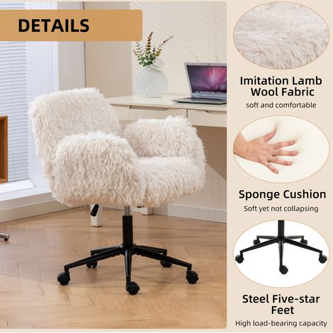 Fauteuil de bureau crème en laine polaire avec accoudoirs réglables et roulettes, ergonomique et rotatif pour bureau à domicile (1/5)