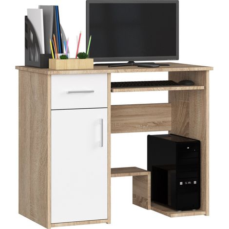Scrivania per computer AKORD JAY Sonoma Quercia 90 cm 1 anta 1 cassetto inserto frontale Bianco 90x50x74 cm (1/5)