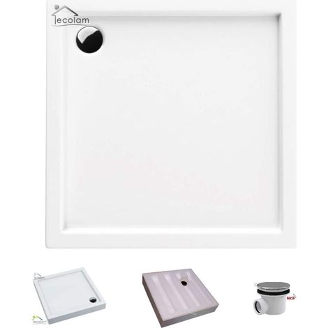 ECOLAM Receveur de douche plat carré Competia 90x90 cm, hauteur 14 cm profondeur 3 cm acrylique blanc, base en polystyrène + siphon (1/5)