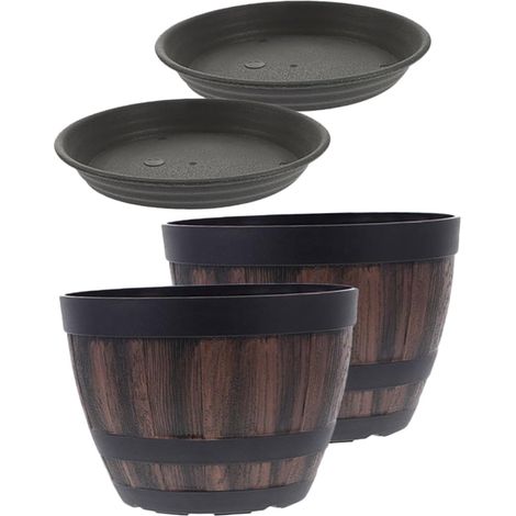 2-teiliges Set aus Kunststoff-Blumentöpfen in Fassform mit Untersetzer, Retro-Pflanzgefäß für Pflanzen und Gemüse (1/5)