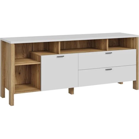 Meuble TV L. 162 cm avec décor gris clair et chêne - DEVONNE (1/5)