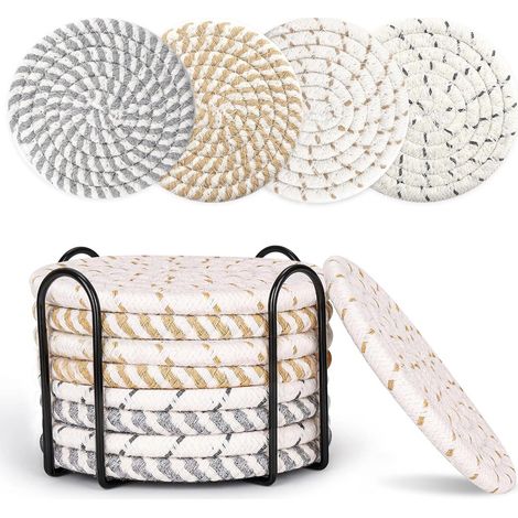 Ensemble de 8 sous-verres ronds avec support - Sous-verres isolants thermiques en coton tressé antidérapant - Pour verres - Convient aux boissons, bars, tasses et tables (1/5)
