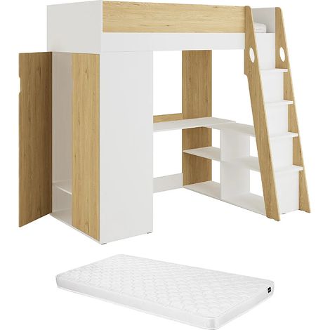 Letto a soppalco 90 x 190 cm con armadio e scrivania Naturale e bianco + Materasso - ARMONESA (1/5)
