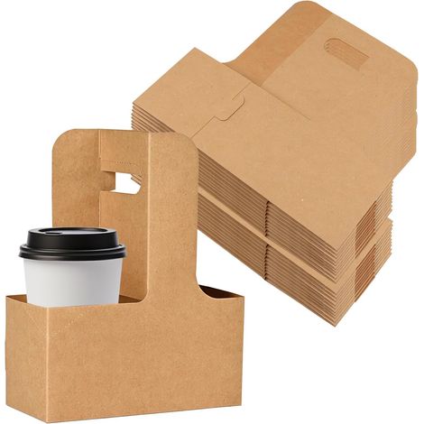 Lot de 20 porte-gobelets jetables avec poignée pour la livraison, 2 tasses en carton kraft, porte-tasses à café, pliable, support pour boissons chaudes ou froides (1/5)