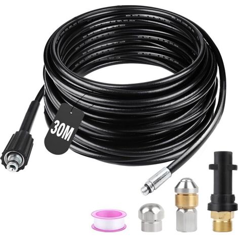 Tuyau Déboucheur Canalisation Haute Pression 30M 180bar - Flexible Nettoyeur avec Buse à Jet et Rotatif, Adaptateurs pour Kärcher K2 K3 K4 K5 K6 K7 (1/4)