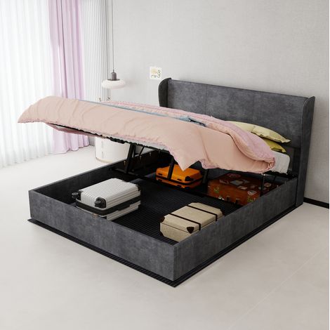 Cama tapizada moderna de tela y metal, gris, 160x200 cm, con cabecero (1/5)