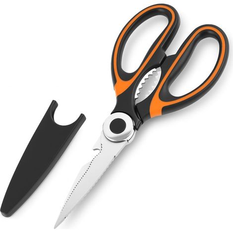 Ciseaux de cuisine professionnels multiusage en acier inoxydable noir et orange - Lame tranchante avec protège-doigts - Ciseau polyvalent pour viande, volaille, poisson