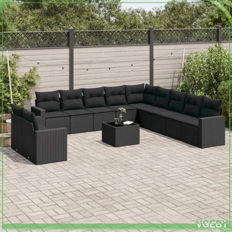 Salon de jardin 12 pcs - FAF7291712420177 - Résine tressée noir - Rangement sous assise - Table verre trempé (1/3)