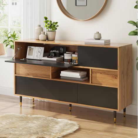 Credenza 140x40x84.5 cm, con ante ribaltabili, cassetti, scomparto aperto, MDF e truciolare, nero naturale (1/5)