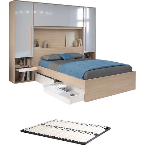 Vente-Unique – Lit pont 140 x 190 cm avec rangements – 2 tiroirs – Sommier à lattes – Avec LEDs multicolores – Panneau de particule mélaminé