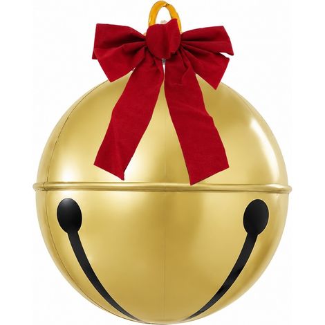 Boules de Noël gonflables géantes, décoration en PVC avec nœud et cloche, dorées, 60 cm, pour intérieur et extérieur (jardin, pelouse). (1/5)