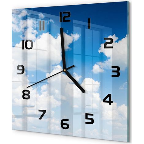 Horloge Murale Carrée Objet Décoratif en Verre Silencieuse pour Salon Nuages dans le ciel 30x30 cm