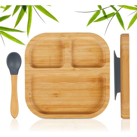 Relaxdays Assiette bambou enfant, avec ventouse, sans BPA, antidérapante, compartimentée, nature/gris