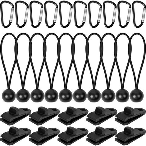 Pinces pour bâche - Pinces pour tente - Lot de 10 - Clips pour bâche - Clips pour auvent de camping - Avec 10 tendeurs élastiques et mousquetons en D - Tendeurs de tente à boule - Pinces pour bâche de (1/4)