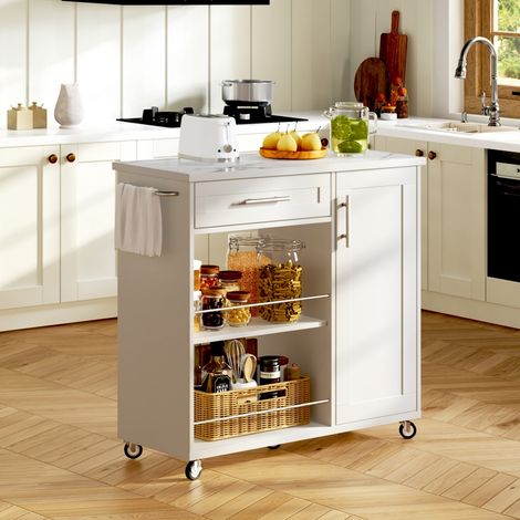 Chariot de cuisine blanc plateau effet marbre, îlot mobile roulant, tiroir, placard, étagères et roulettes verrouillables 90 x 40 x 90 cm, blanc (1/5)
