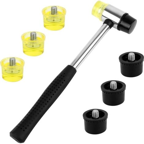 1pcs Maillet en Caoutchouc Maillet Double Face Marteau en Caouthouc avec 6pcs Face Remplaçable Poignée en Caoutchouc Antidérapant Noir et Jaune Pour le Bois l’Artisant le Cuir (1/5)