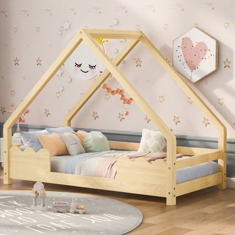 Lit cabane enfant 90x200 en bois massif naturel - Avec protection antichute - Lit de jeu et lit junior évolutif (sans Matelas) (1/5)