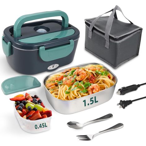 Chauffe-repas électrique portable 80 W pour voitures et camions. Caractéristiques : récipient en acier inoxydable 304, 12 V/24 V/220 V, boîte à lunch chauffante verte. Idéal pour les conducteurs, le t (1/4)
